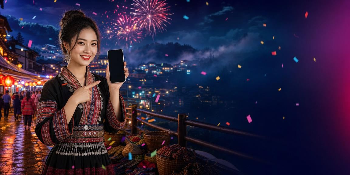 Người dùng tham gia live casino trên điện thoại di động giữa không khí lễ hội Sapa sôi động